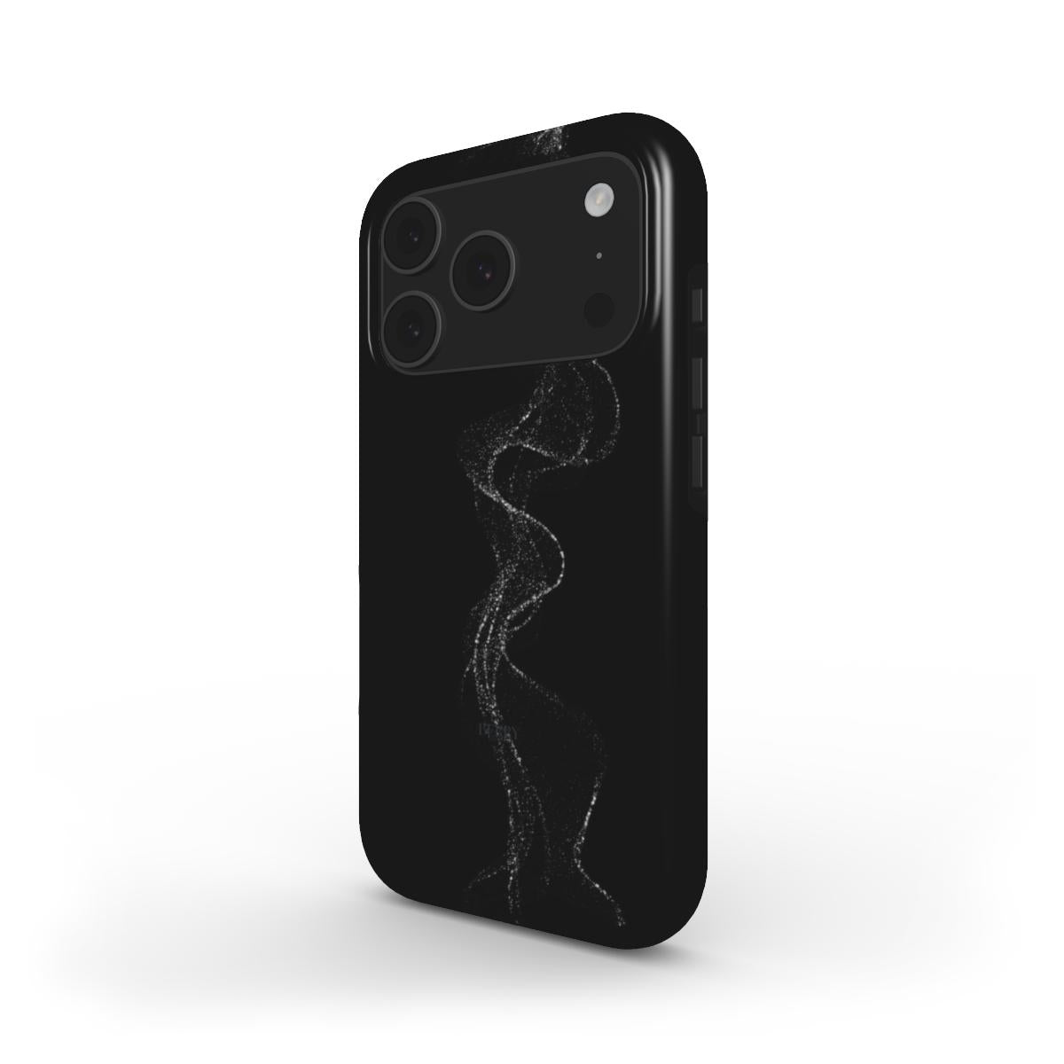 Trendy black phone case with a stylish silver drizzle pattern, combining a feminine and aesthetic look for a popular, beautiful everyday accessory.