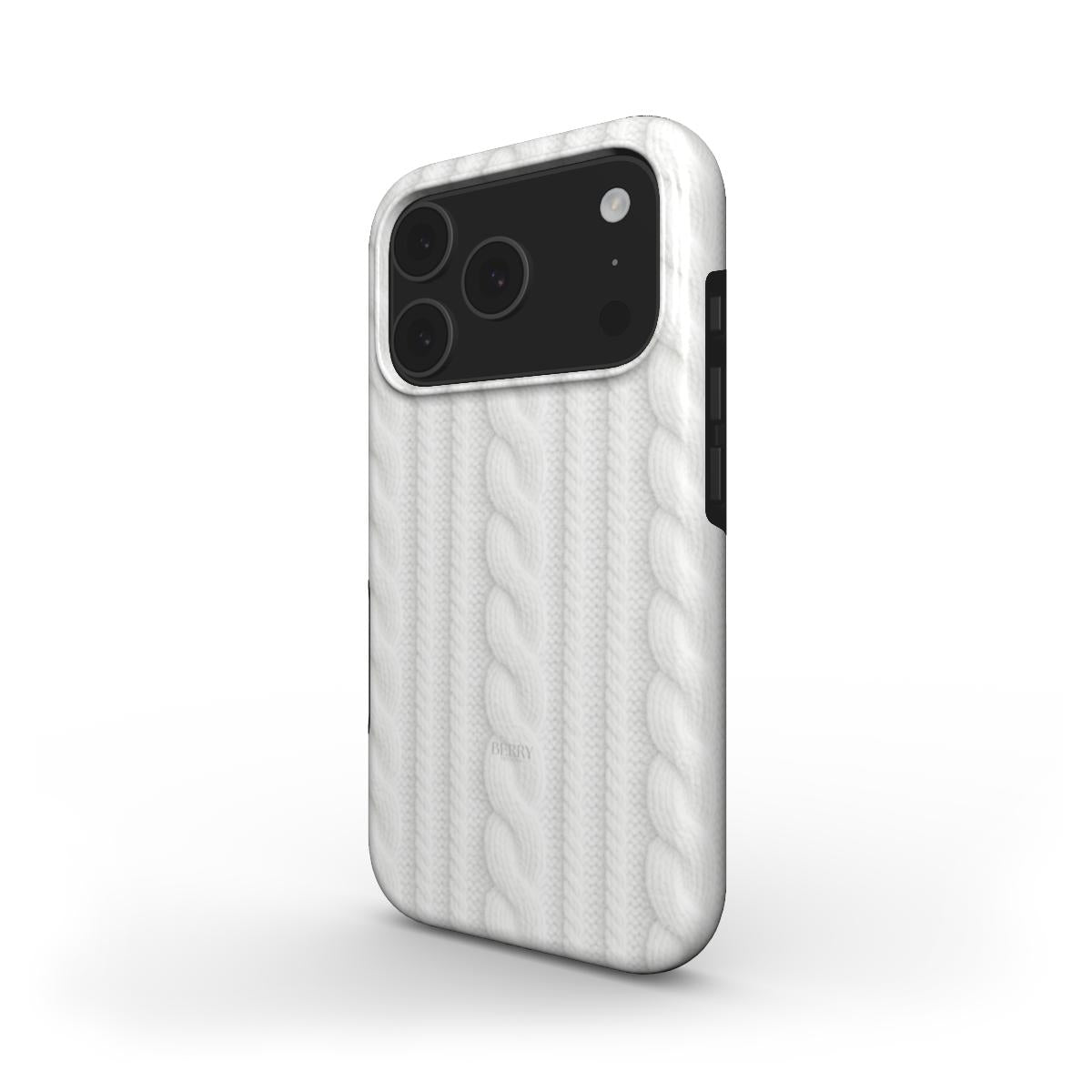 Minimalist phone case with a soft white cable knit pattern in gray tones, offering an elegant and trendy feminine look.