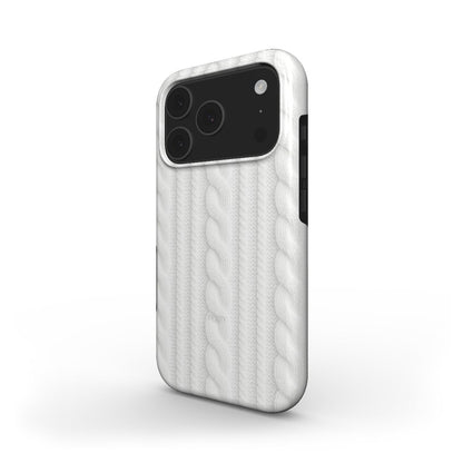 Minimalist phone case with a soft white cable knit pattern in gray tones, offering an elegant and trendy feminine look.
