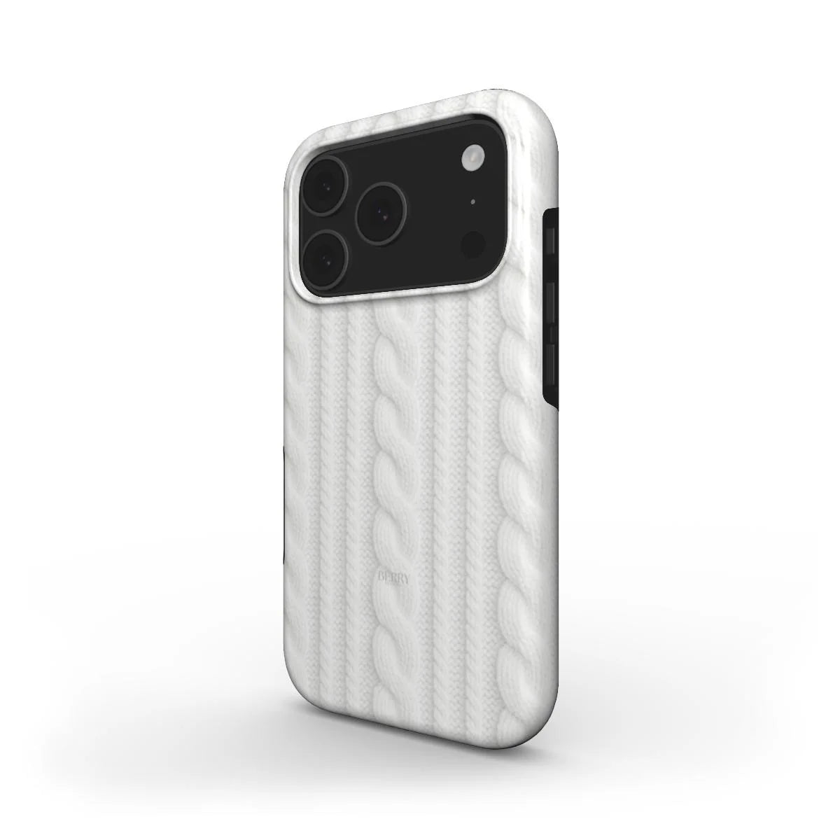 White phone case with a soft cable knit pattern, stylish and trendy design, adding a feminine and classy touch to any phone.