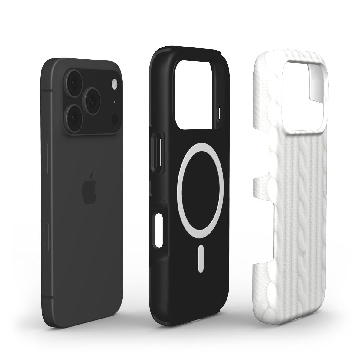 A sleek black phone next to two phone cases, one black with a circular design and one white with a textured pattern, both stylish and trendy accessories.
