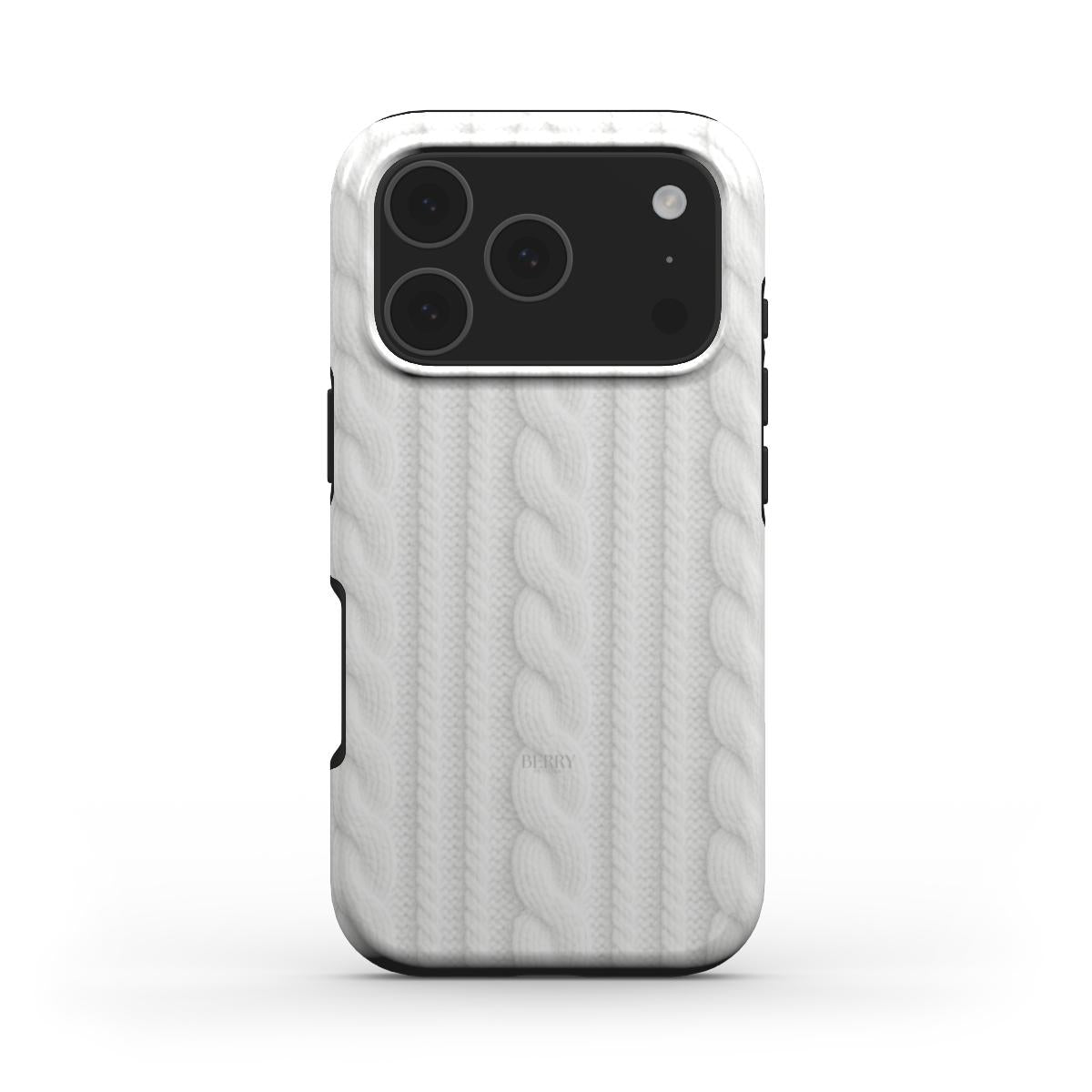 Phone case featuring a stylish white and gray cable knit pattern, combining a trendy and soft aesthetic with a feminine, beautiful design.