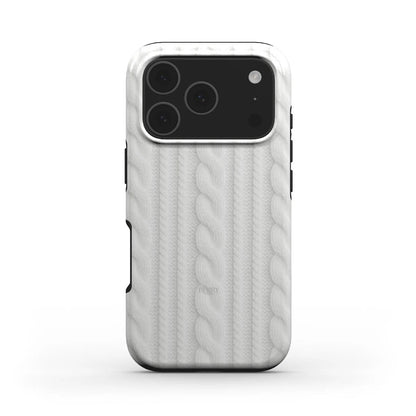 Soft white phone case with a stylish cable knit pattern, combining feminine elegance and trendy aesthetic for a classy and beautiful look.