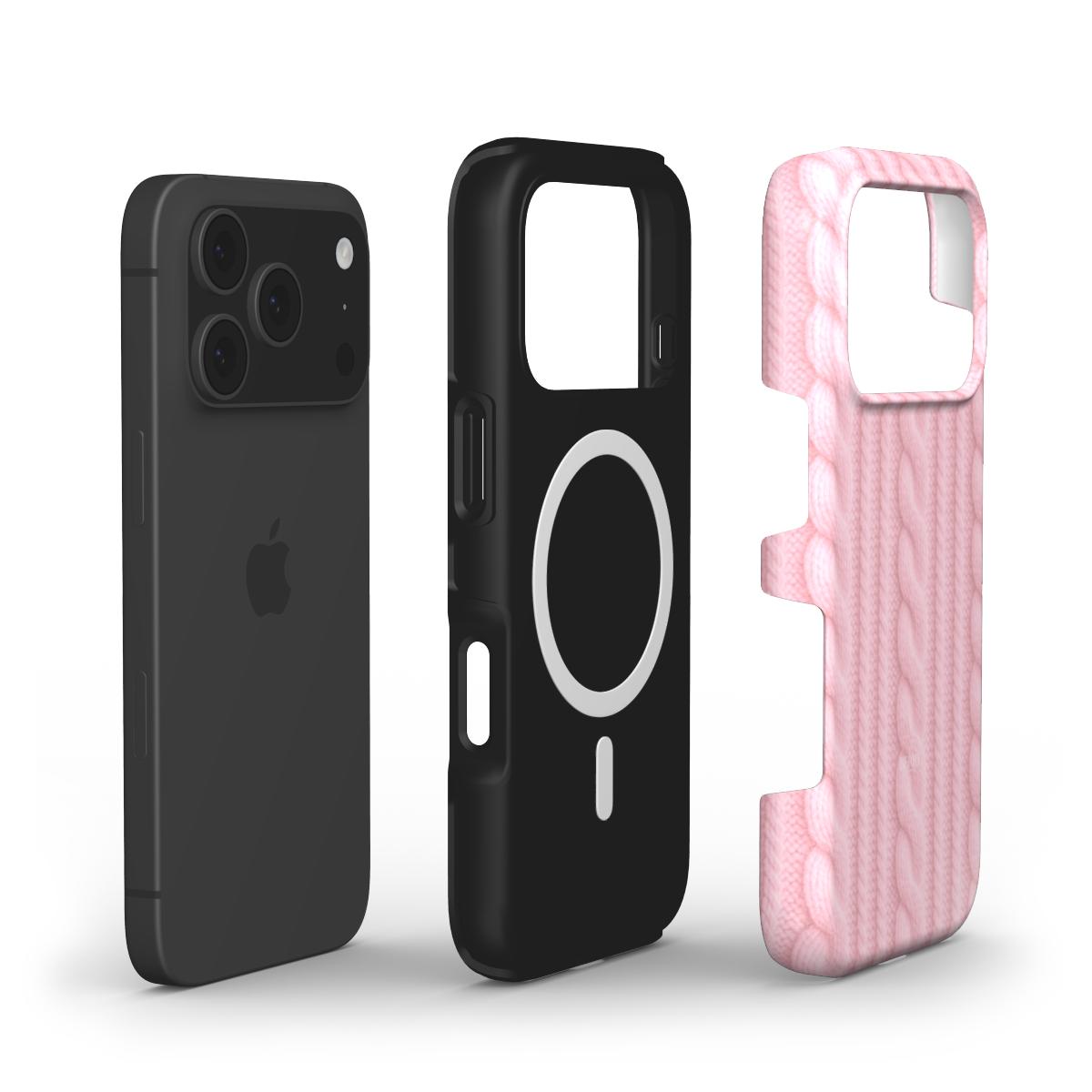 Trendy pink and multicolored stylish phone case with a textured cable-knit pattern, designed to add a feminine and aesthetic touch to your device.