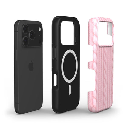 Trendy pink and multicolored stylish phone case with a textured cable-knit pattern, designed to add a feminine and aesthetic touch to your device.