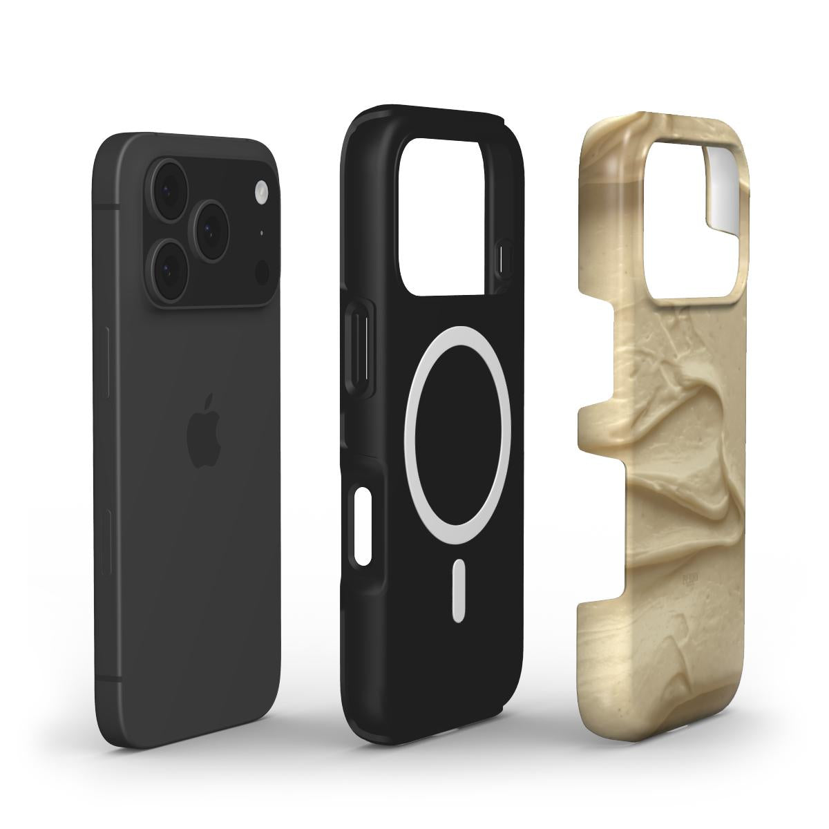 Three phone accessories displayed side by side including a sleek black case and a beige textured protective cover with a trendy, feminine vibe.