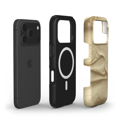 Three phone accessories displayed side by side including a sleek black case and a beige textured protective cover with a trendy, feminine vibe.