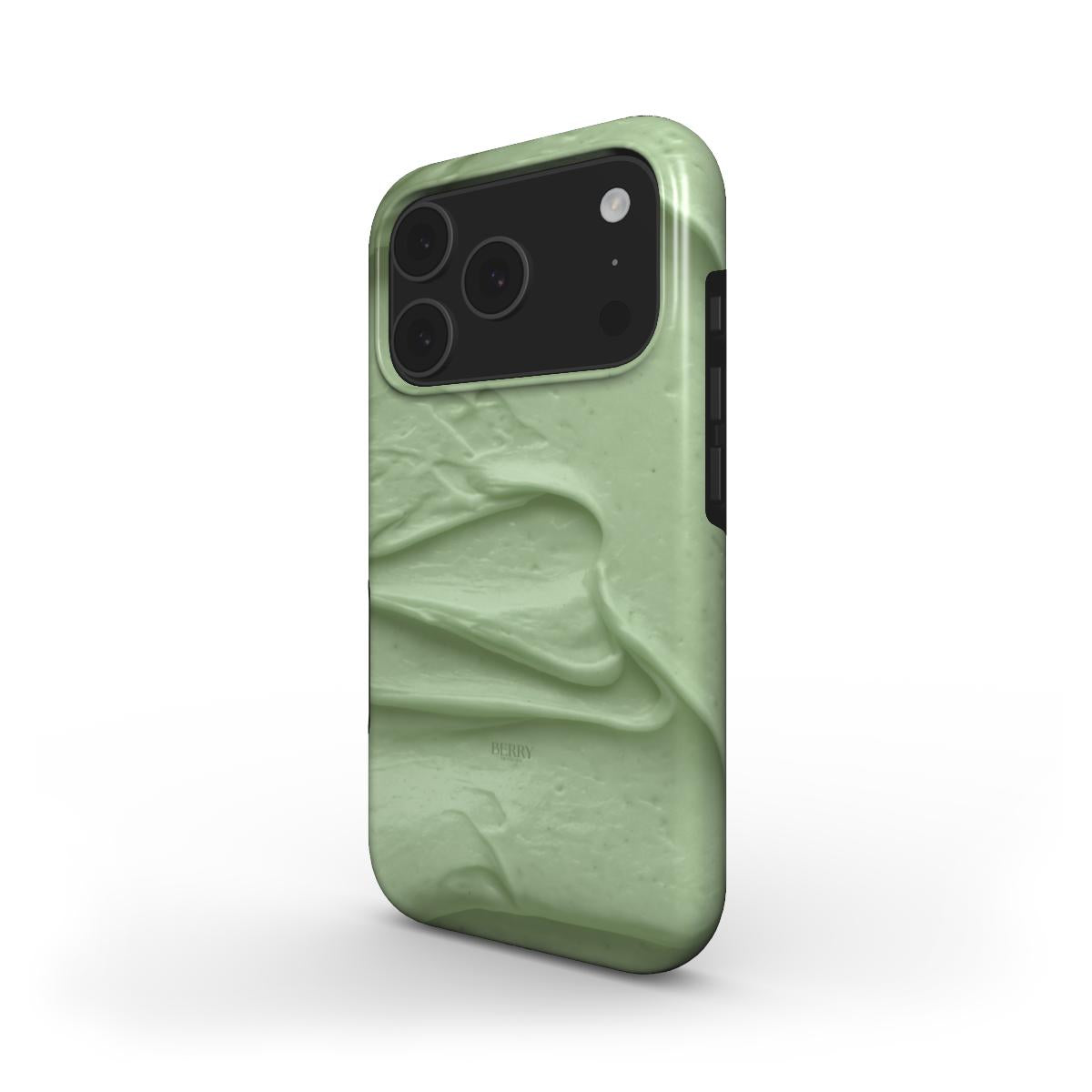 Trendy phone case in green with a smooth textured pattern, featuring a feminine and aesthetic design inspired by buttery matcha tones.