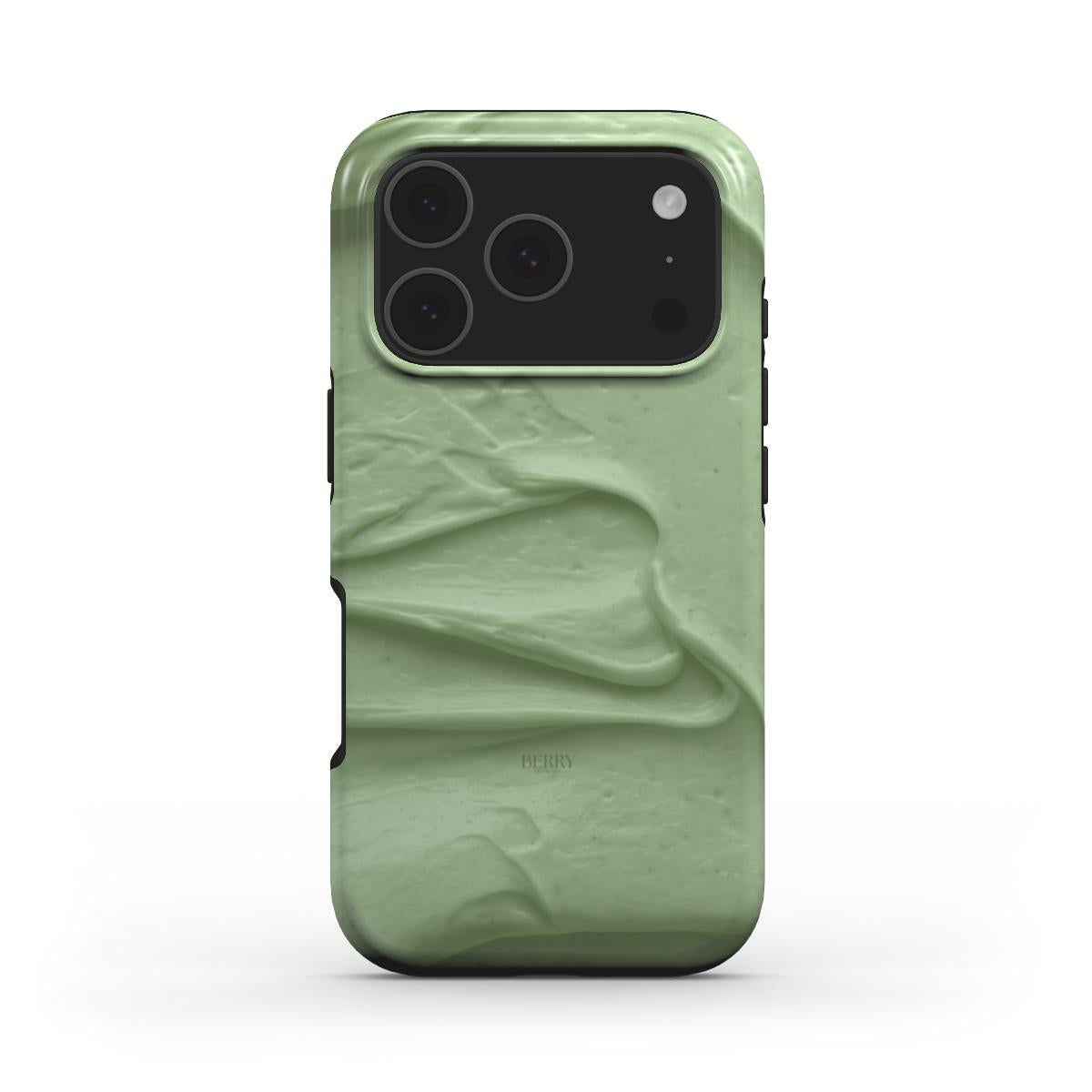 Trendy phone case in soothing green with a soft textured pattern, combining a feminine and popular aesthetic for a stylish everyday accessory.