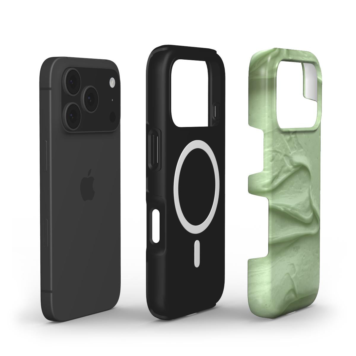 Black and green multicolored phone case with a textured pattern designed for a trendy, feminine aesthetic and MagSafe compatibility.