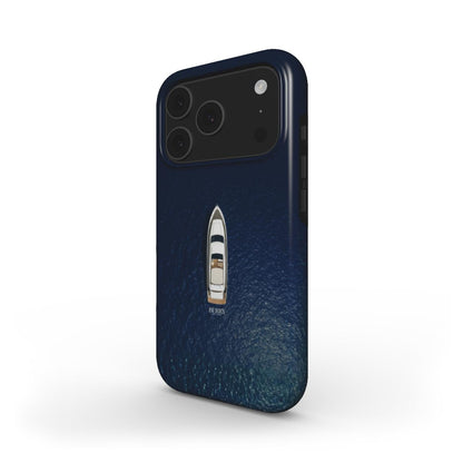 Trendy phone case with a blue multicolored design featuring a minimalist boat on water, creating a feminine and aesthetic vibe.