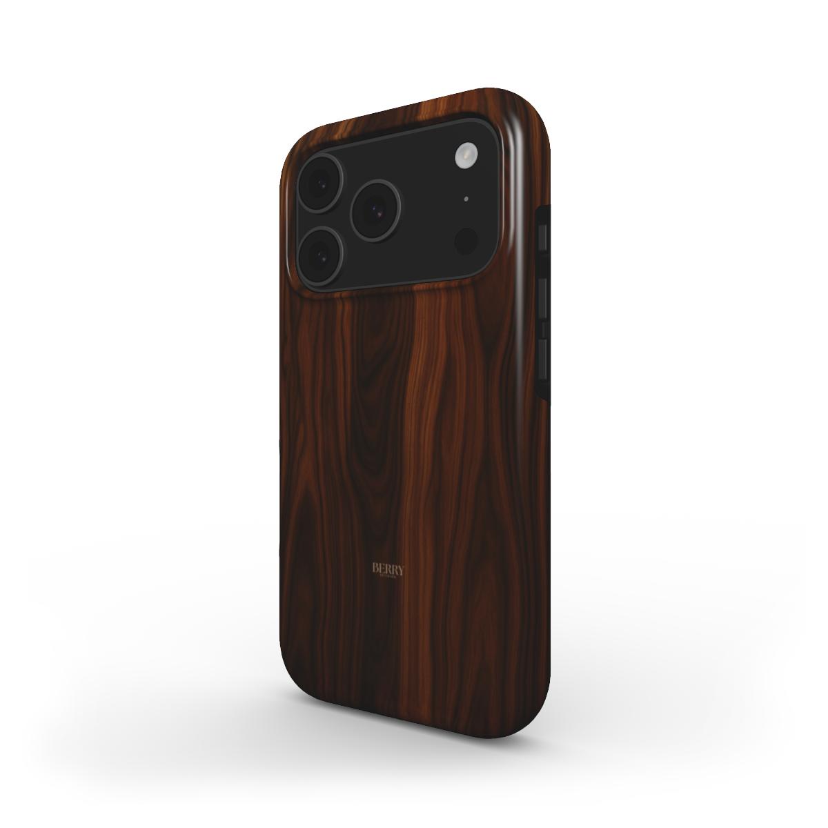 Trendy feminine phone case with rich brun wood grain pattern and beautiful natural texture for stylish and aesthetic protection.