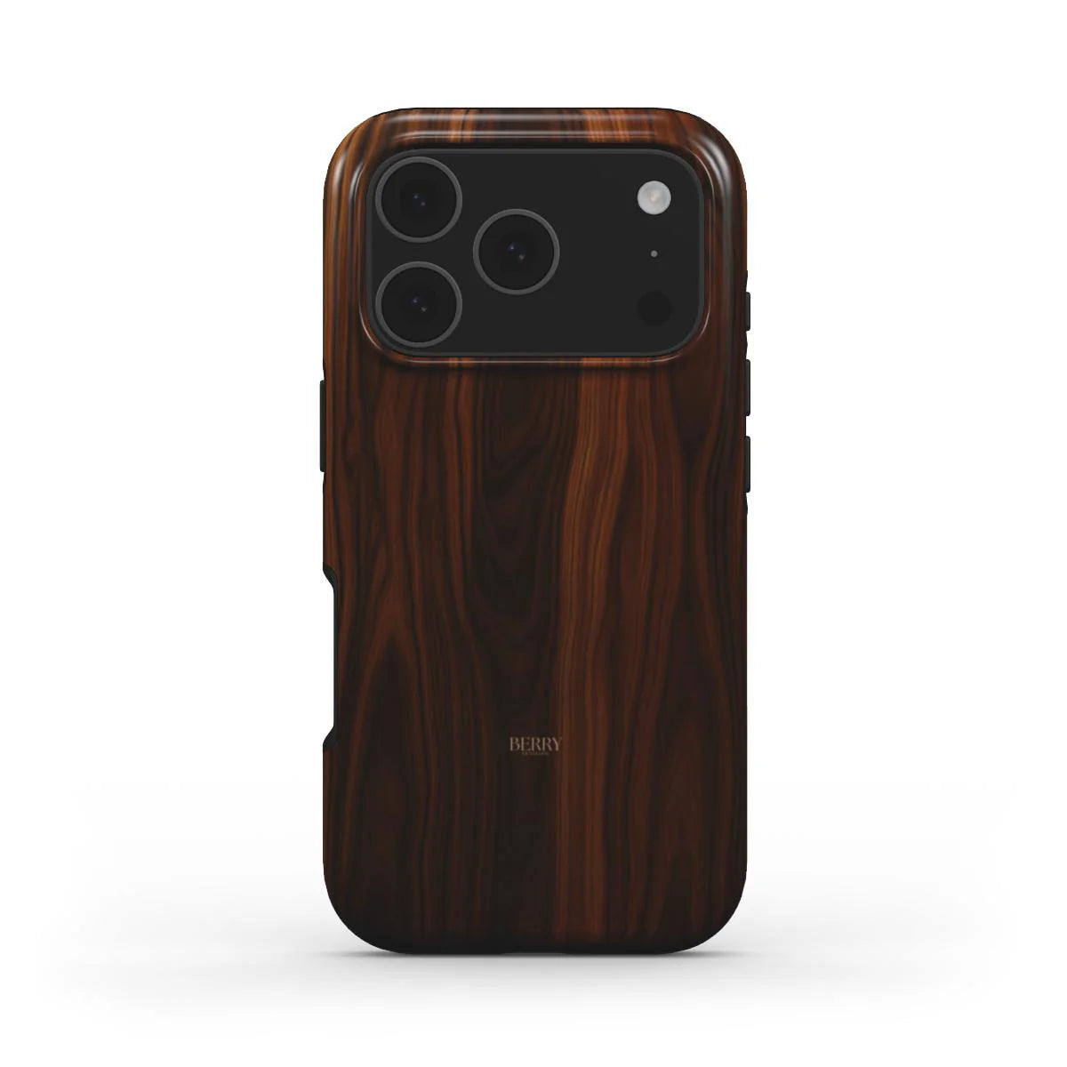 Trendy sleek phone case with brun wood grain pattern, combining feminine charm and natural beauty for a stylish and unique aesthetic.