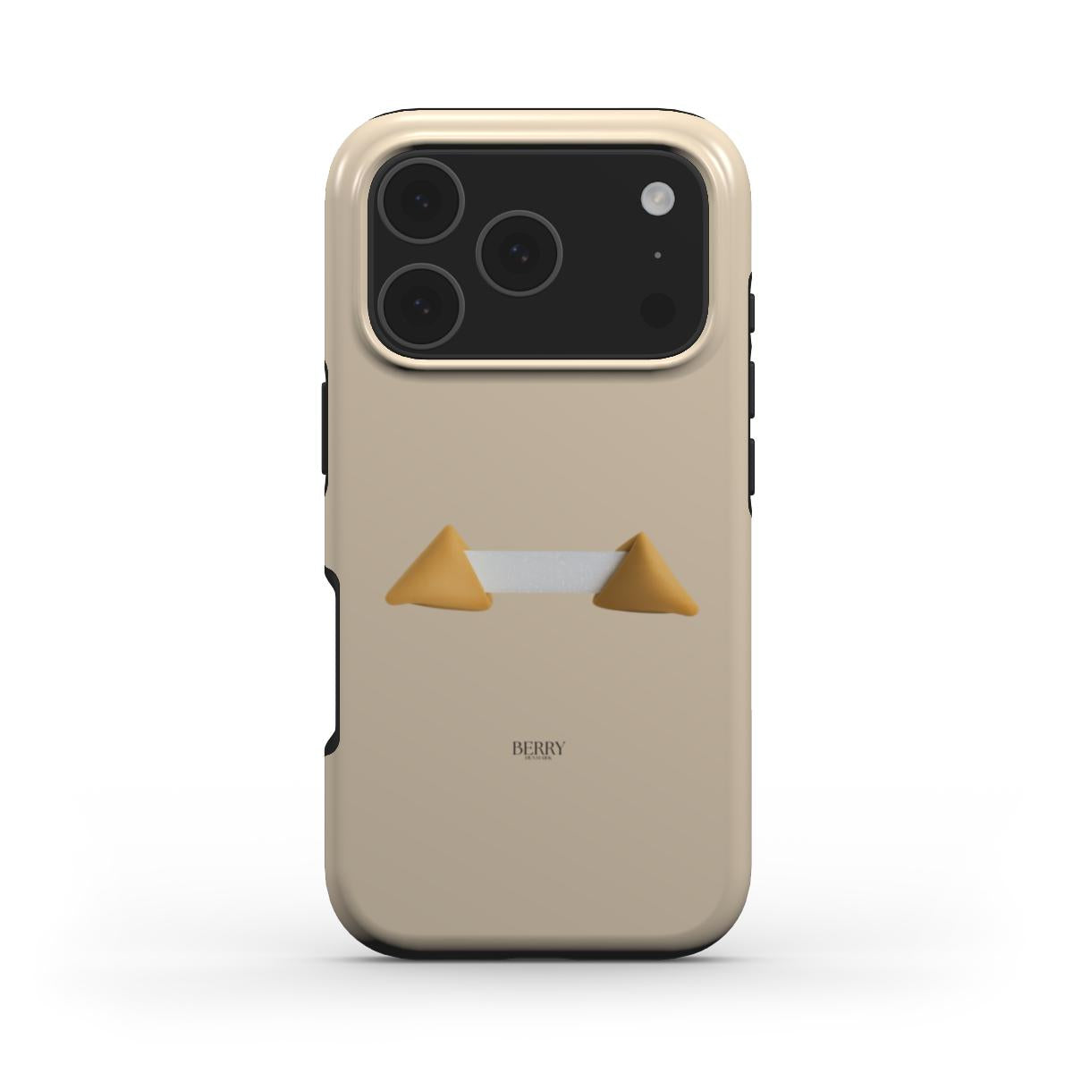Beige phone case with a trendy minimalist design featuring two gold triangle shapes and a subtle brown logo, combining aesthetic and feminine style.