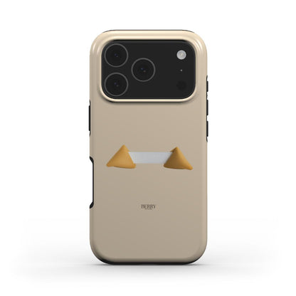 Beige phone case with a trendy minimalist design featuring two gold triangle shapes and a subtle brown logo, combining aesthetic and feminine style.