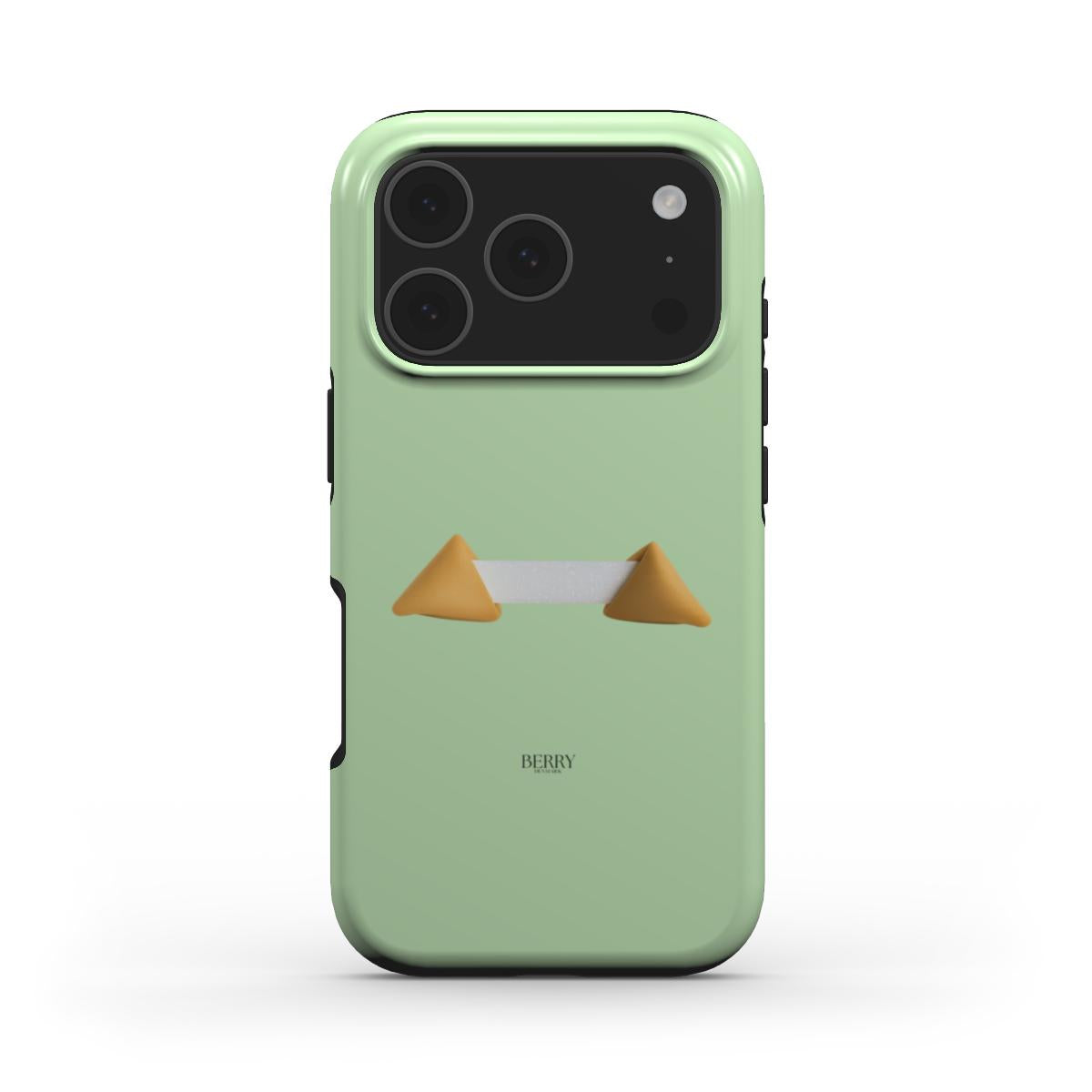 Trendy feminine phone case in green with brown and beige fortune cookie design, combining girly charm with a beautiful, popular aesthetic trend.