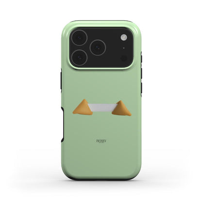 Trendy feminine phone case in green with brown and beige fortune cookie design, combining girly charm with a beautiful, popular aesthetic trend.