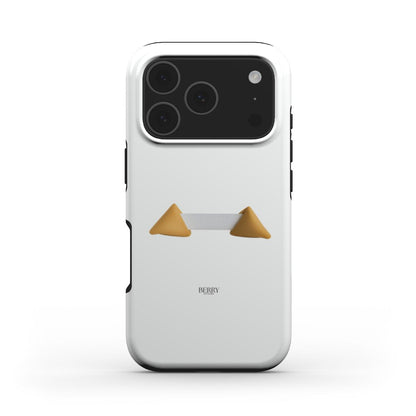 White phone case with minimalist golden brown and beige geometric design, sleek and trendy style perfect for a feminine and aesthetic look.
