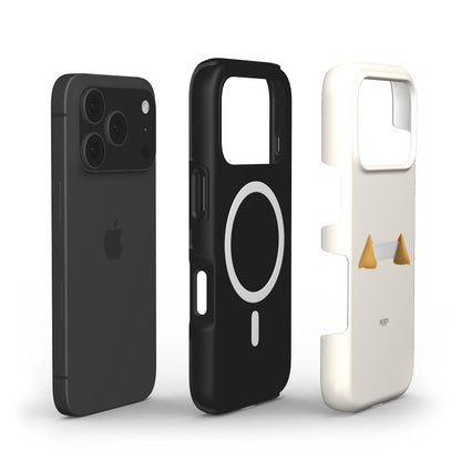 Minimalist black and white phone cases with magnetic ring and golden triangular accents, showcasing a trendy and feminine aesthetic for a stylish look.