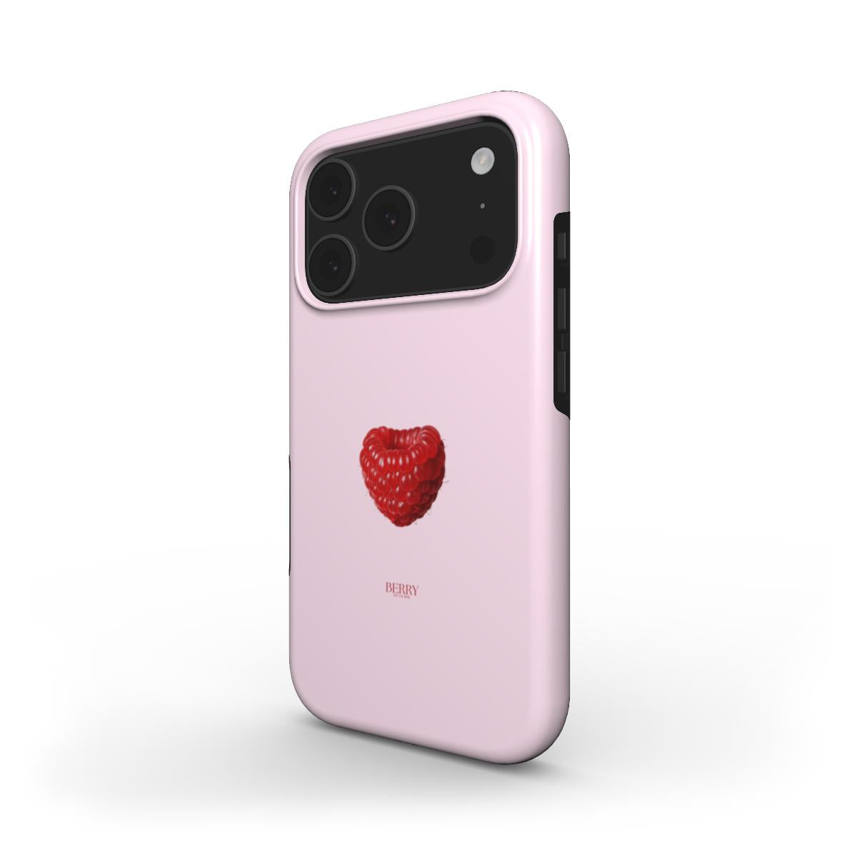 Trendy pink phone case featuring a red raspberry heart design, combining feminine charm with a stylish and popular look.