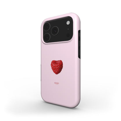 Trendy pink phone case featuring a red raspberry heart design, combining feminine charm with a stylish and popular look.