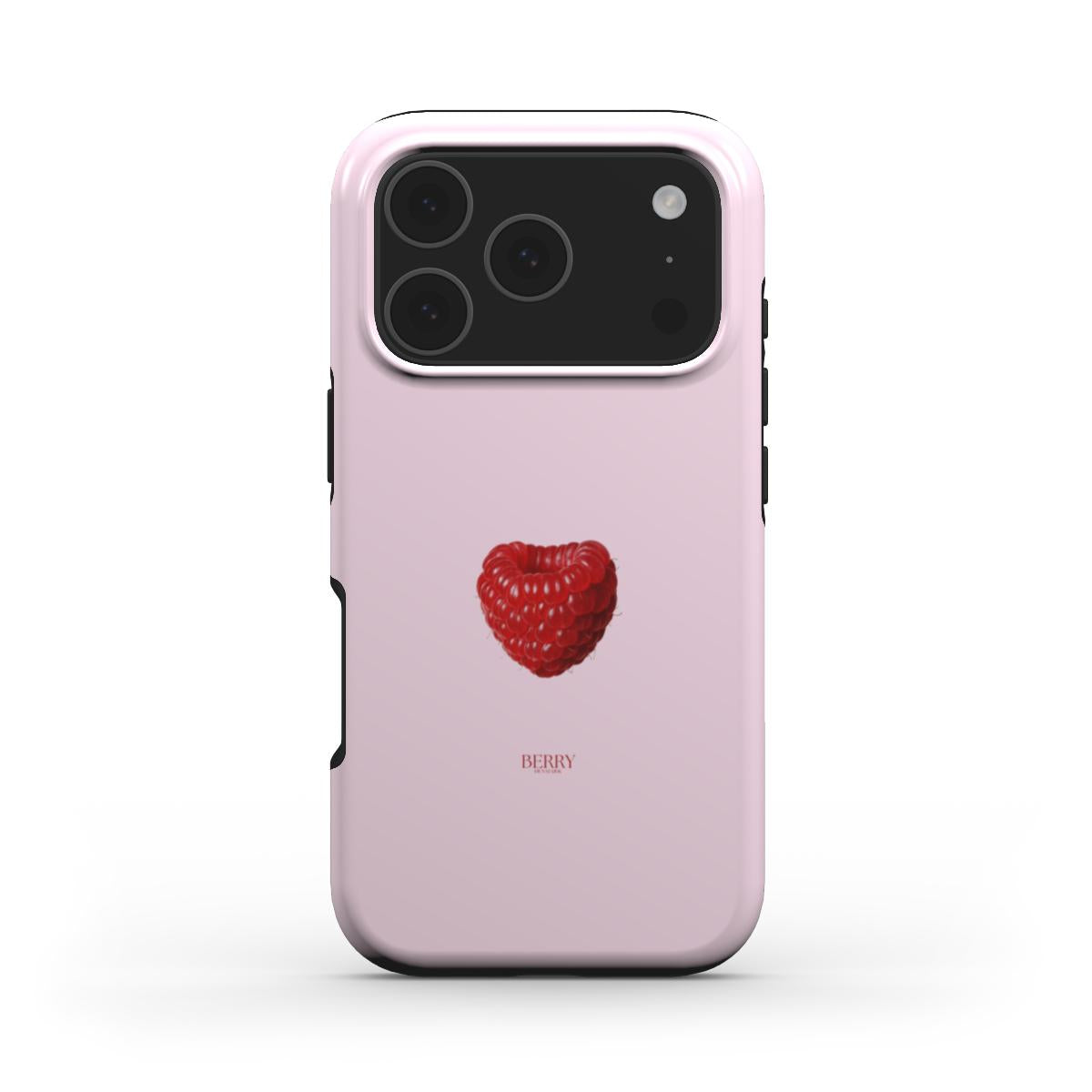 Trendy feminine phone case in pink with a realistic red raspberry heart design, combining girly charm with a beautiful and popular aesthetic.