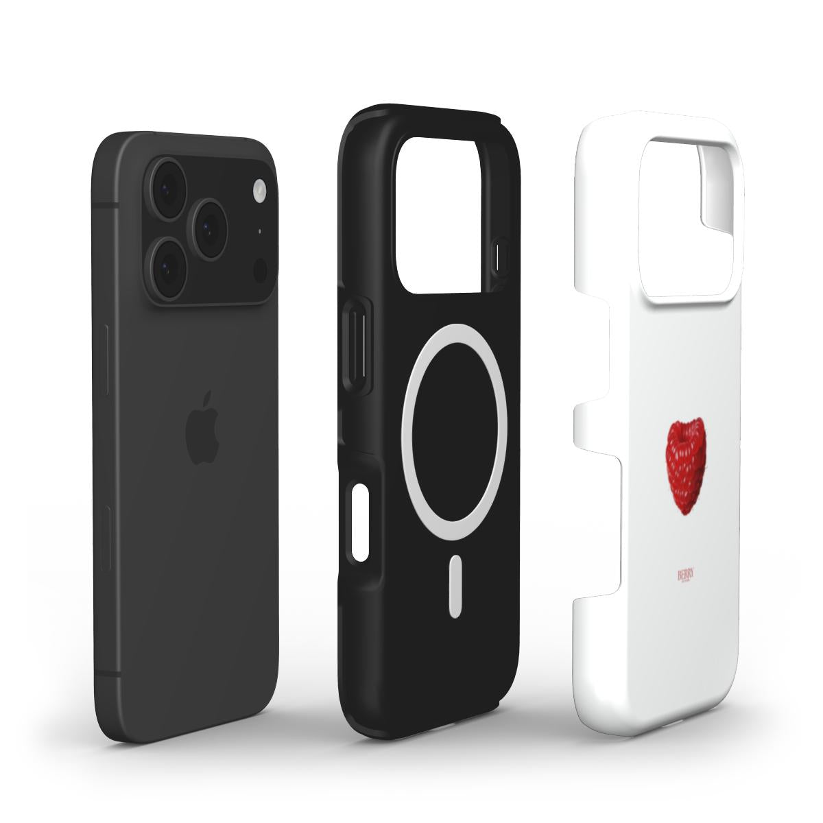 Black and white phone cases with a minimalistic design, featuring a red raspberry detail on the white case for a trendy feminine aesthetic.