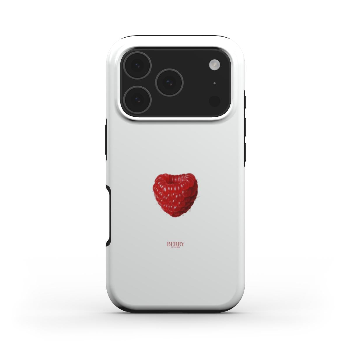 Trendy phone case with a white base featuring a vibrant red raspberry heart design, combining feminine and aesthetic appeal in a popular multicolor style.
