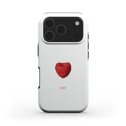 Trendy phone case with a white base featuring a vibrant red raspberry heart design, combining feminine and aesthetic appeal in a popular multicolor style.