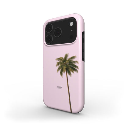 Trendy feminine phone case in soft pink with a green palm tree design, combining an aesthetic, girly, and beautiful look for that girl’s style.