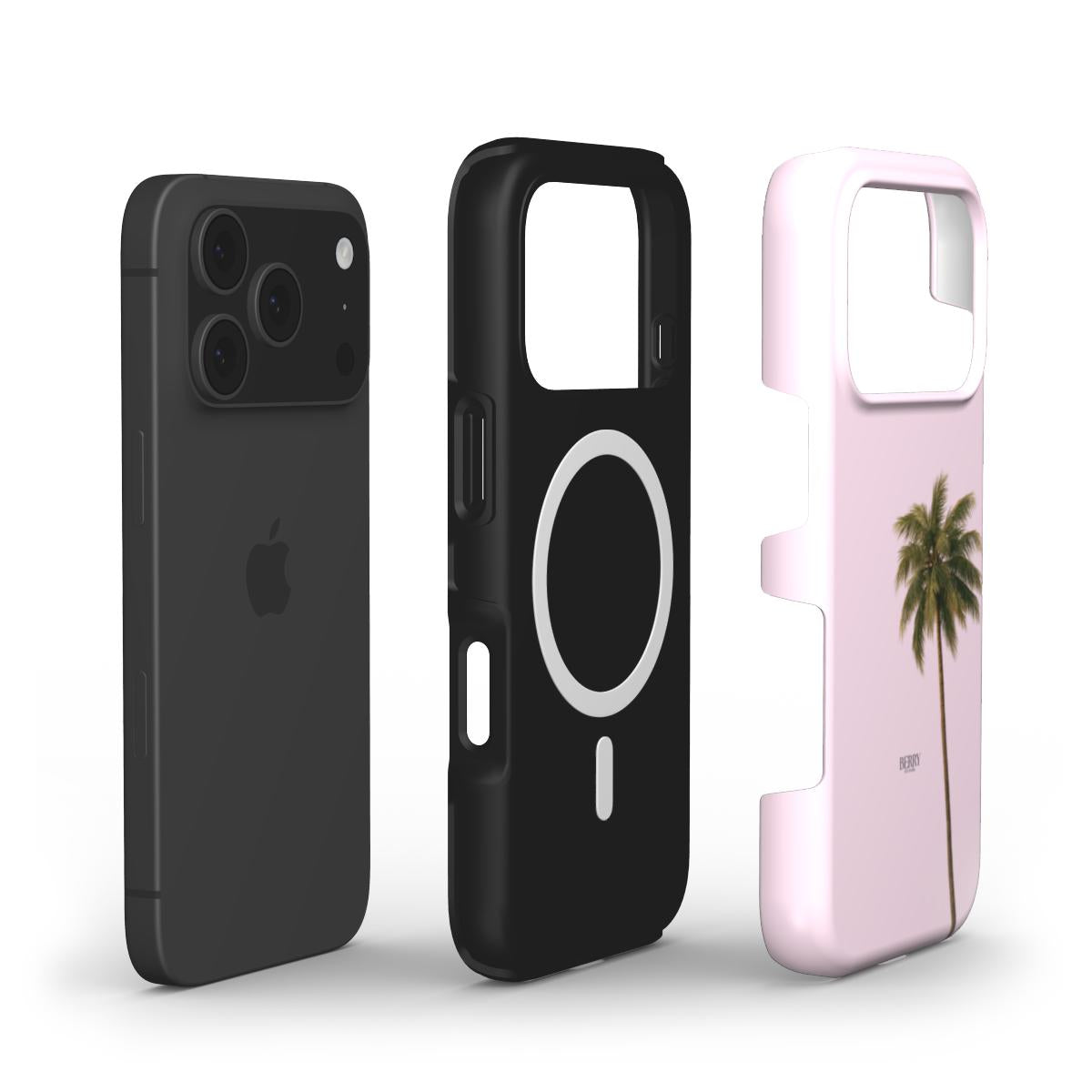 Trendy phone cases with a feminine pink design featuring a palm tree and a sleek black protective option for an aesthetic and popular phone accessory.