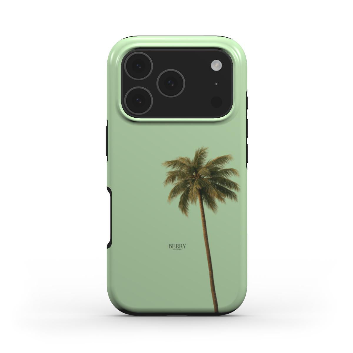 Trendy feminine phone case in green featuring a single palm tree design, combining natural beauty with a stylish, girly and popular aesthetic.