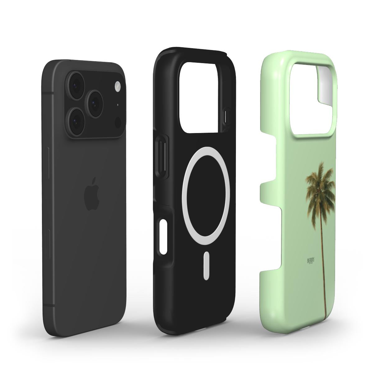 Trendy slim phone case set featuring a matte black protective case and a feminine beige and green case with a palm tree design and colorful accents.