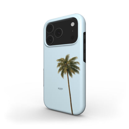 Trendy feminine phone case in soft blue with a minimalist palm tree design, combining girly charm with a popular, beautiful aesthetic.