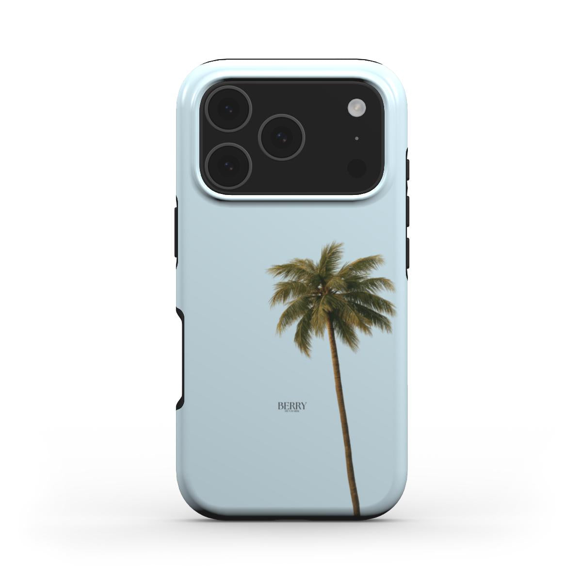 Trendy phone case in soft blue with a minimalist palm tree design, combining feminine and aesthetic vibes for a beautiful and popular everyday accessory.