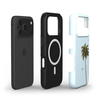 Trendy phone case with a minimalist blue design featuring a palm tree, combining feminine and aesthetic elements for a beautiful, popular look.