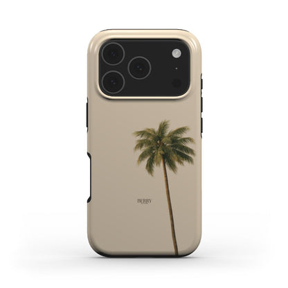 Trendy beige phone case with a minimalist palm tree design, combining aesthetic and feminine charm for a beautiful and popular accessory.