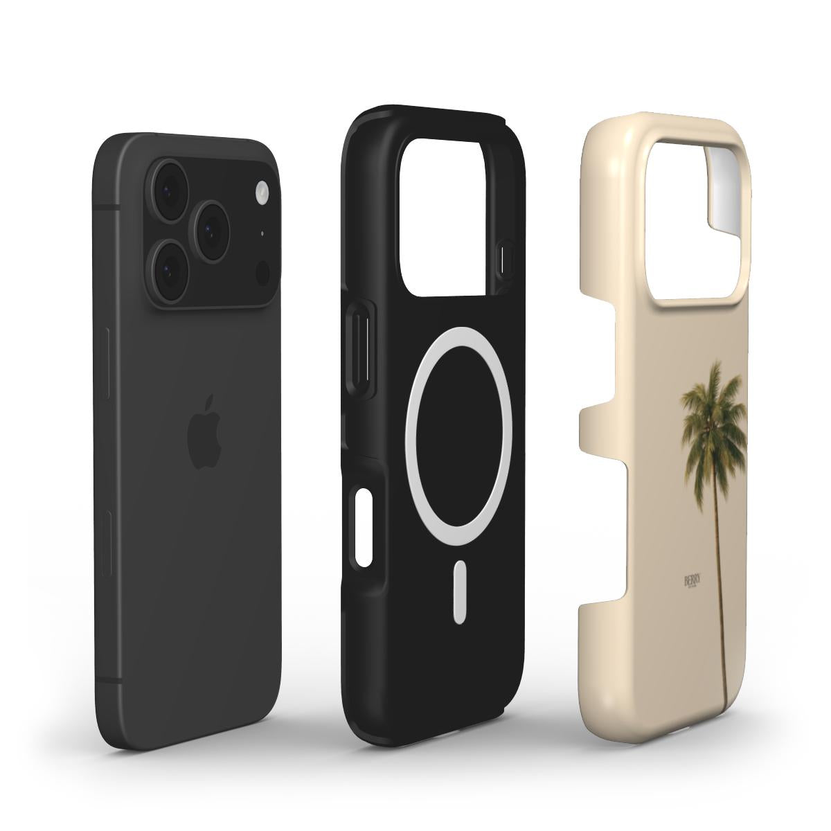 Black magnetic phone case and beige stylish phone case with palm tree design for a trendy and feminine look