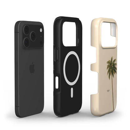 Black magnetic phone case and beige stylish phone case with palm tree design for a trendy and feminine look