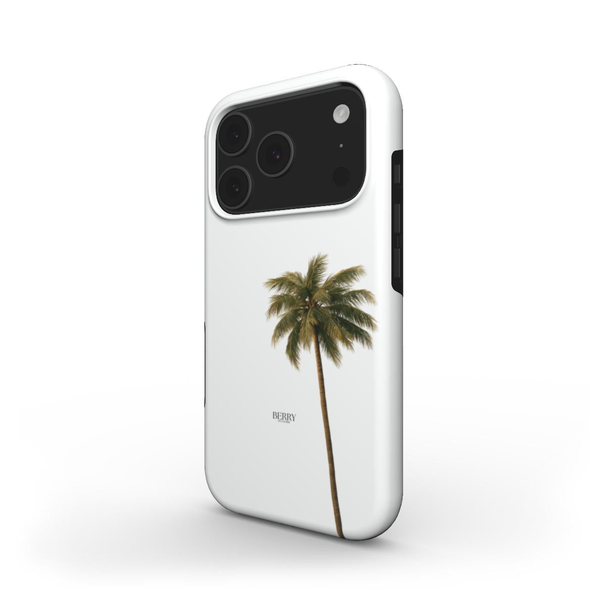 White phone case featuring a minimalist green and brown palm tree design, combining a trendy, aesthetic look with a natural, feminine vibe.