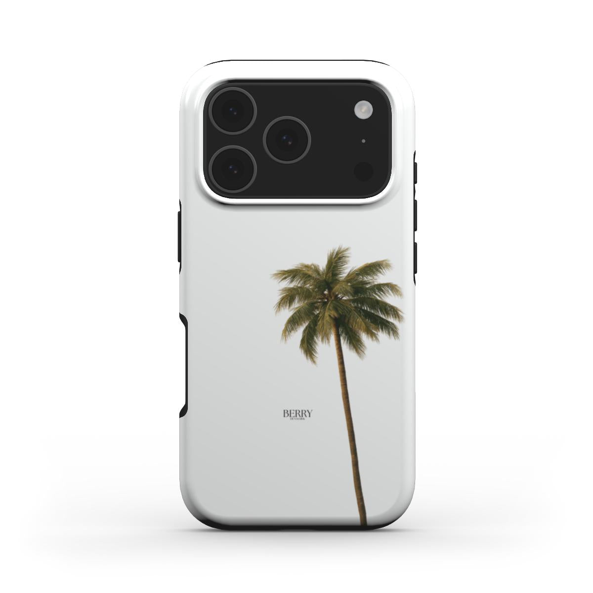 White phone case with a minimalist green palm tree design, combining a trendy and feminine aesthetic with a clean, natural vibe for a popular style accessory.