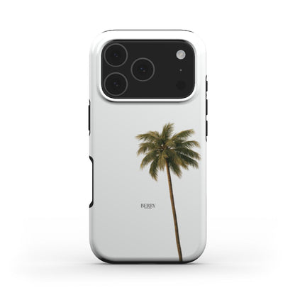 White phone case with a minimalist green palm tree design, combining a trendy and feminine aesthetic with a clean, natural vibe for a popular style accessory.
