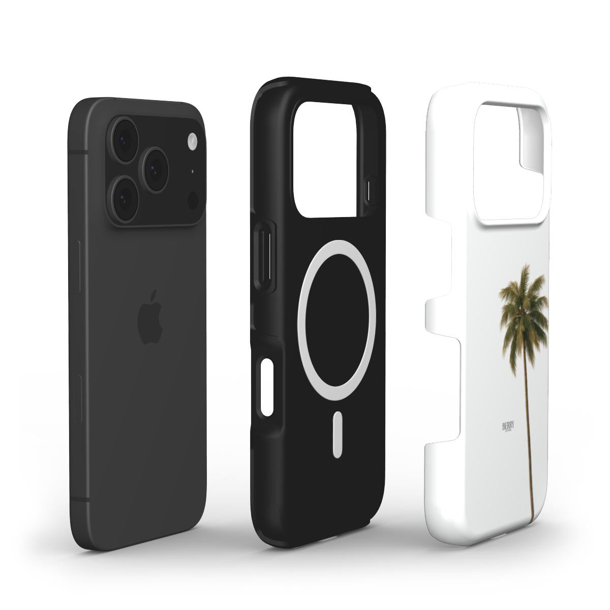 Trendy phone cases in black and white featuring a minimalist palm tree design, combining clean aesthetics with a feminine and popular style.