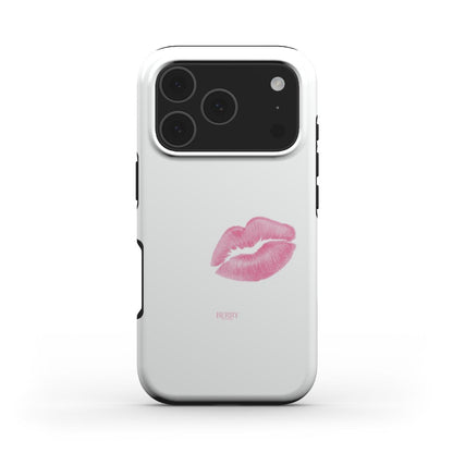 Trendy white phone case featuring a pink lip print design, combining feminine and girly style with a clean, popular look.