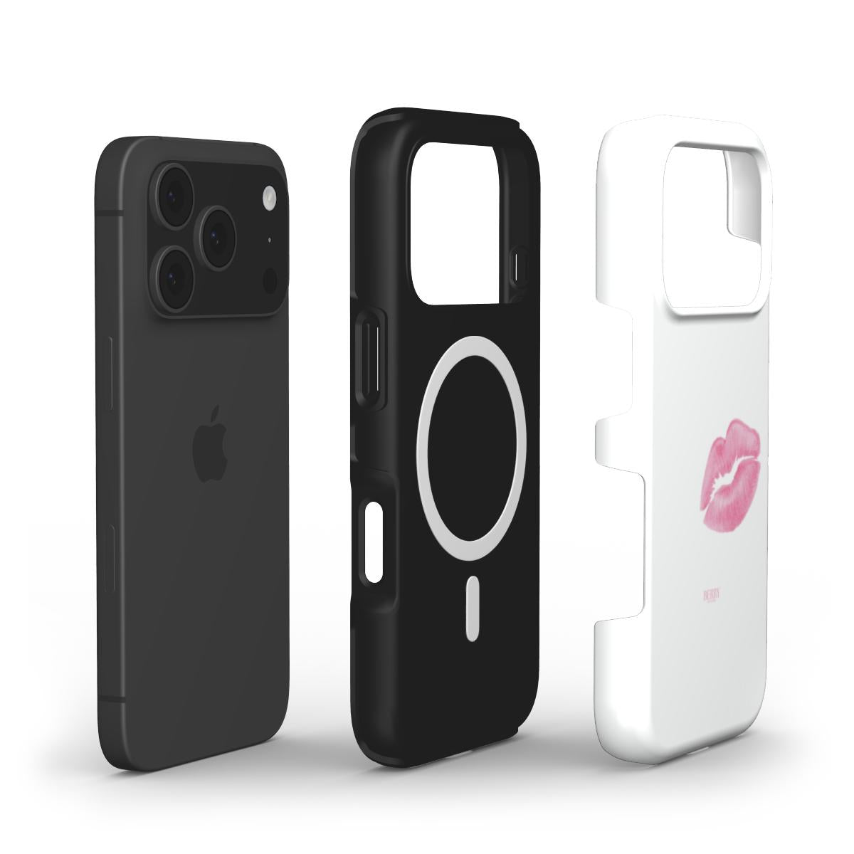 Trendy phone case set with a sleek black design and a feminine white case featuring a pink lips print in a girly, aesthetic style.