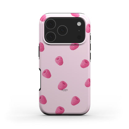 Trendy feminine phone case in pink with scattered red raspberry pattern, perfect for that girly and beautiful aesthetic look.
