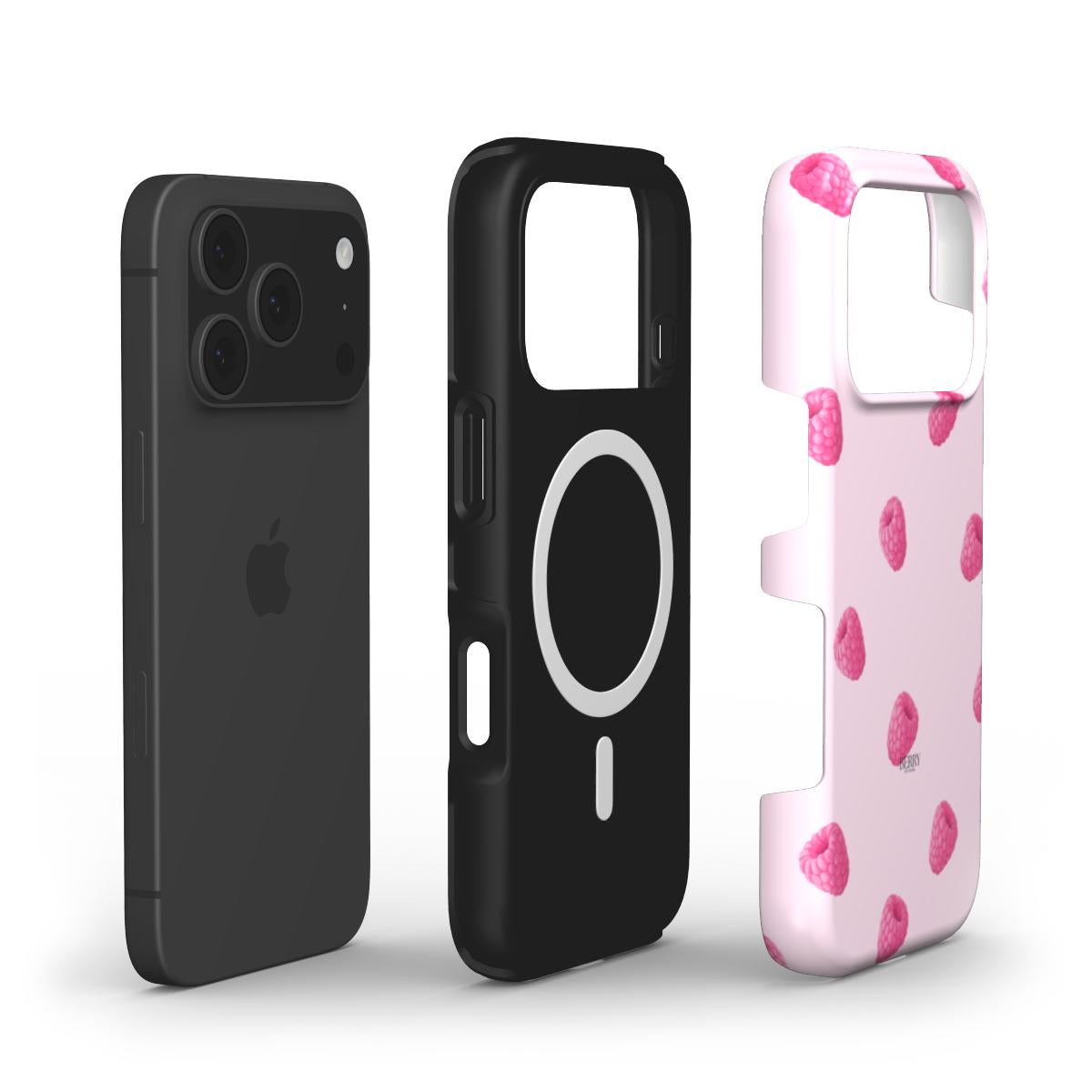 Trendy pink and red multicolored phone case with raspberry pattern, combining girly charm and feminine appeal for a beautiful, popular look.