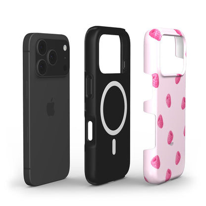 Trendy pink and red multicolored phone case with raspberry pattern, combining girly charm and feminine appeal for a beautiful, popular look.