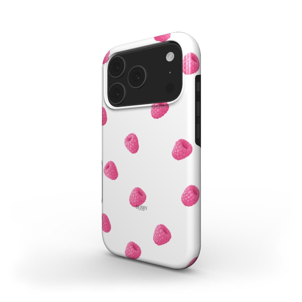 Trendy phone case with a feminine white background and pink raspberry pattern, combining girly charm and modern aesthetic appeal.