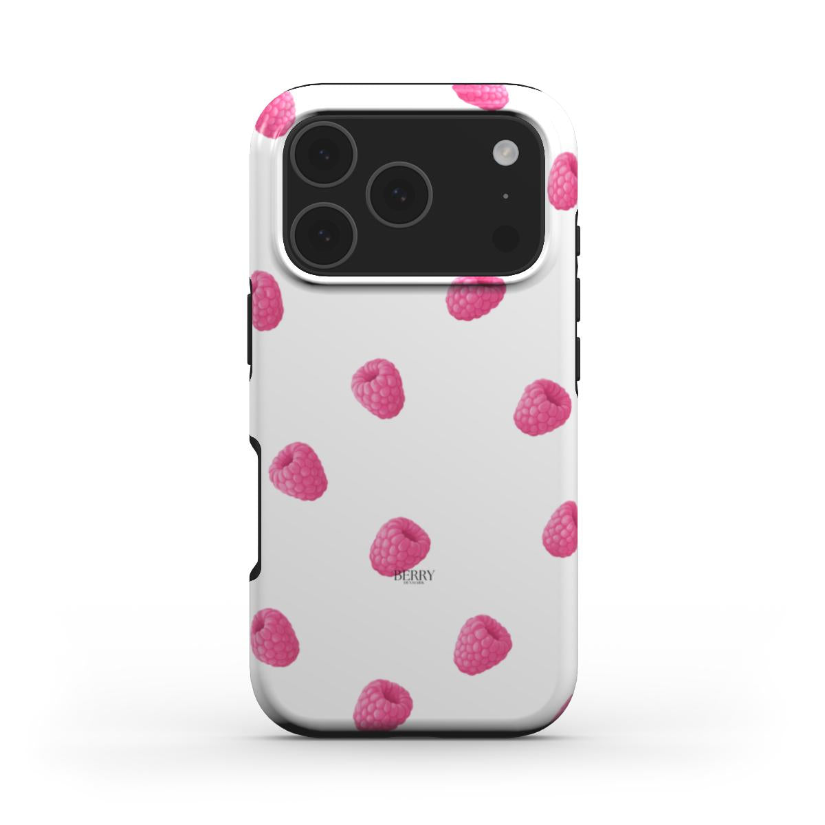 Trendy phone case with a feminine, girly design featuring scattered pink raspberry pattern on a white background for a fresh, aesthetic look.